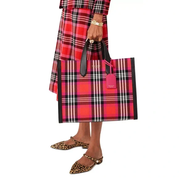 kate spade new york Manhattan Foliage Plaid Fabric Large Tote Bag Pink Multi EUC - Picture 14 of 14